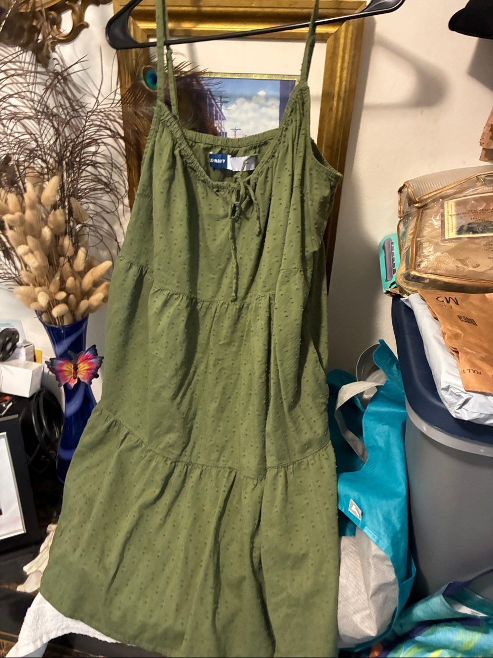 Old Navy Olive Green Tiered Eyelet Midi Dress